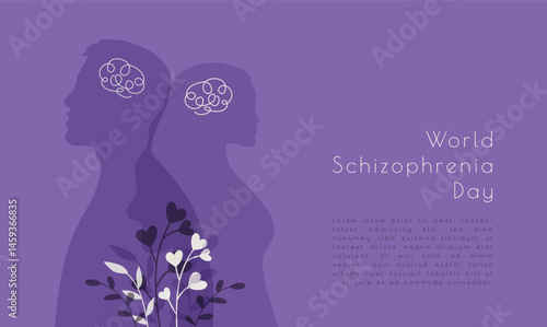 World Schizophrenia Day banner template with head of man and woman. Holiday concept with silhouettes of people. Flat style design for background, placard, card, and poster with copy space for info