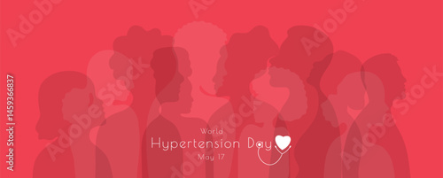 World Hypertension Day banner template with red silhouettes of various women and men. Diversity of people holiday concept. Blood pressure measurement stethoscope. Flat style.