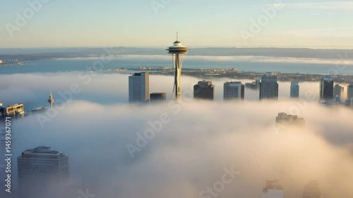 City Skyline Emerging from Fog Aerial View Morning