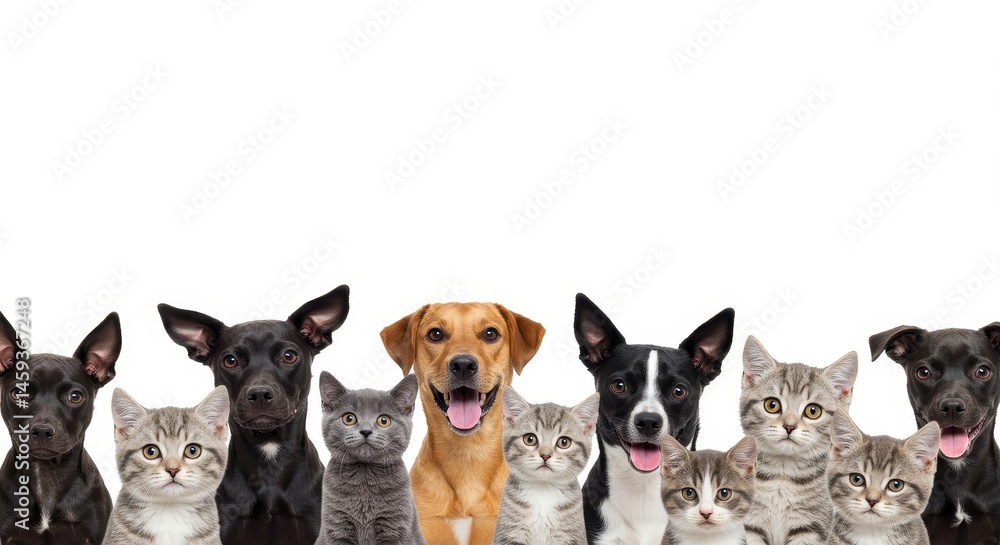 Obraz premium Adorable Pets Group Portrait - A delightful collection of cats and dogs posing together, perfect for pet-related websites, blogs, or social media