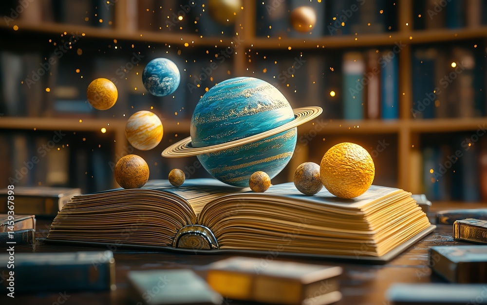 Miniature solar system rotating atop library books, vibrant planetary colors, learning and universe exploration theme, detailed background stars, concept art style