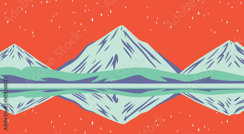 Flat landscape with Mountain Peaks and sky at sunrise with reflection. Vector illustration of landscape background