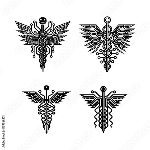 Black And White Futuristic Medical Crest Icons Representing Technology and Healthcare

