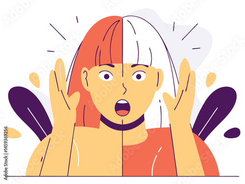 Anime vector girl with red and white bob haircut, dramatic shocked expression, bold colors and dynamic lines