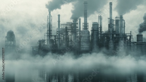 Misty industrial complex water reflection pollution concept