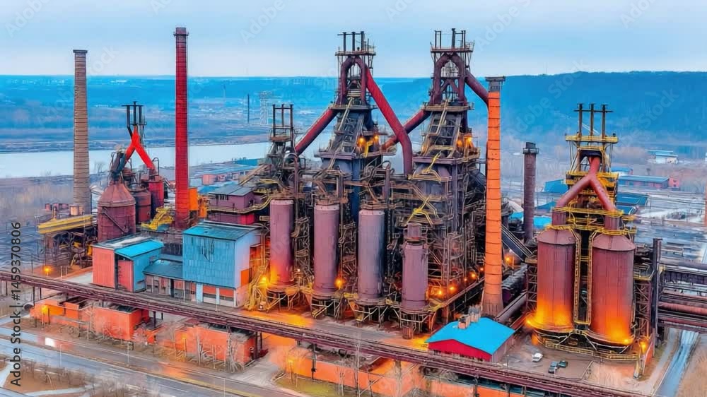 Industrial Complex with Smokestacks, Storage Facilities, and Machinery Under a Cloudy Sky at Dusk Industrial Complex with Smokestacks, Storage Facilities, and Machinery Under a Cloudy Sky at Dusk