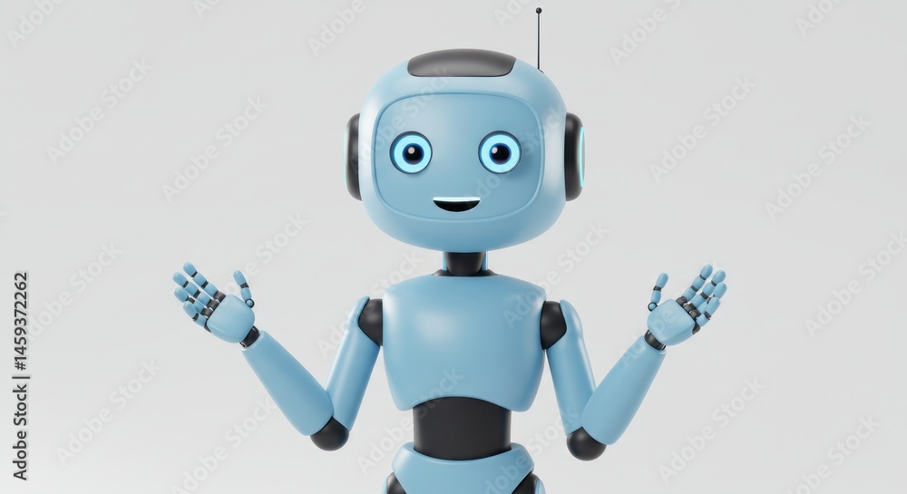 A light blue robot with outstretched arms stands against a plain background. A light blue robot with outstretched arms stands against a plain background.