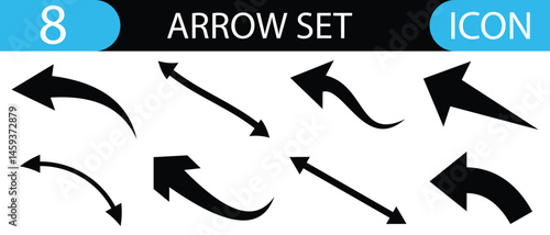 Single and double headed long and curved black arrow icon set. Arrow set vector illustration. Semi circle arrow. black single and double headed arrow. Replaceable vector design.	