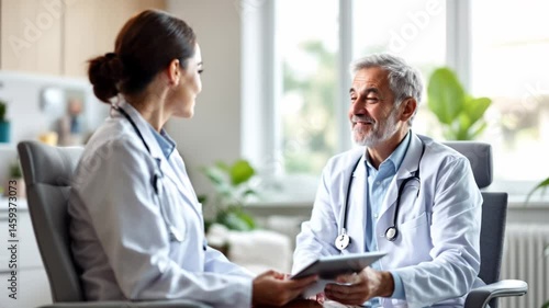 female doctor reviewing medical report with senior male patient in clinic