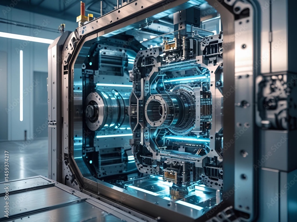 Fototapeta premium High-tech industrial turbine featuring chrome components and glowing light accents