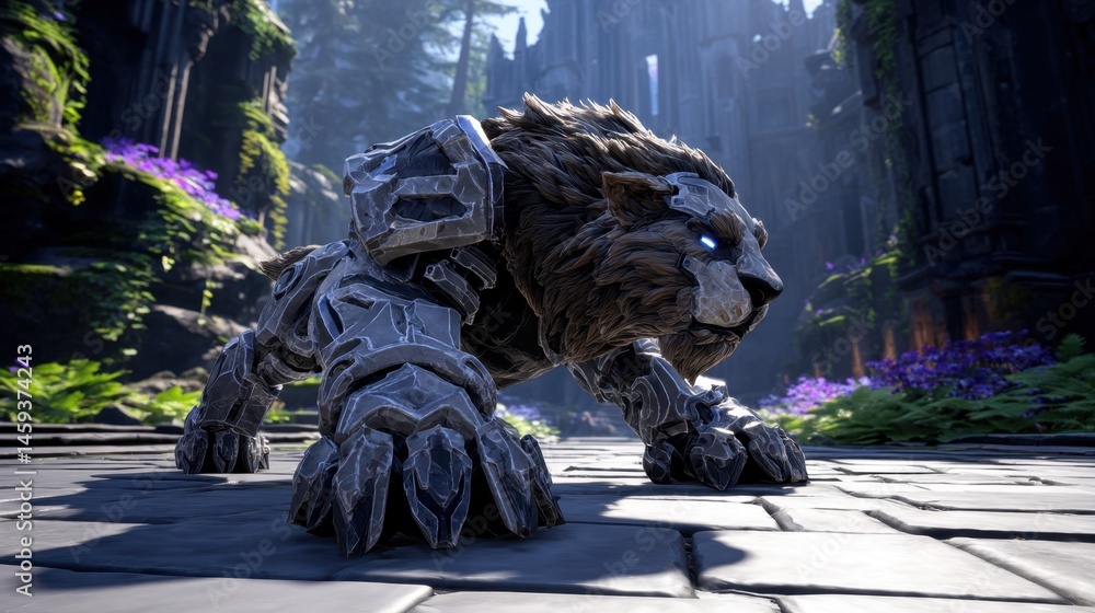 Fototapeta premium Lion-like creature with glowing blue eyes, stone armor, crouching on pathway amid ruins and purple flowers