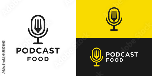 Creative simple podcast food logo template. Microphone with fork logo design vector illustration.