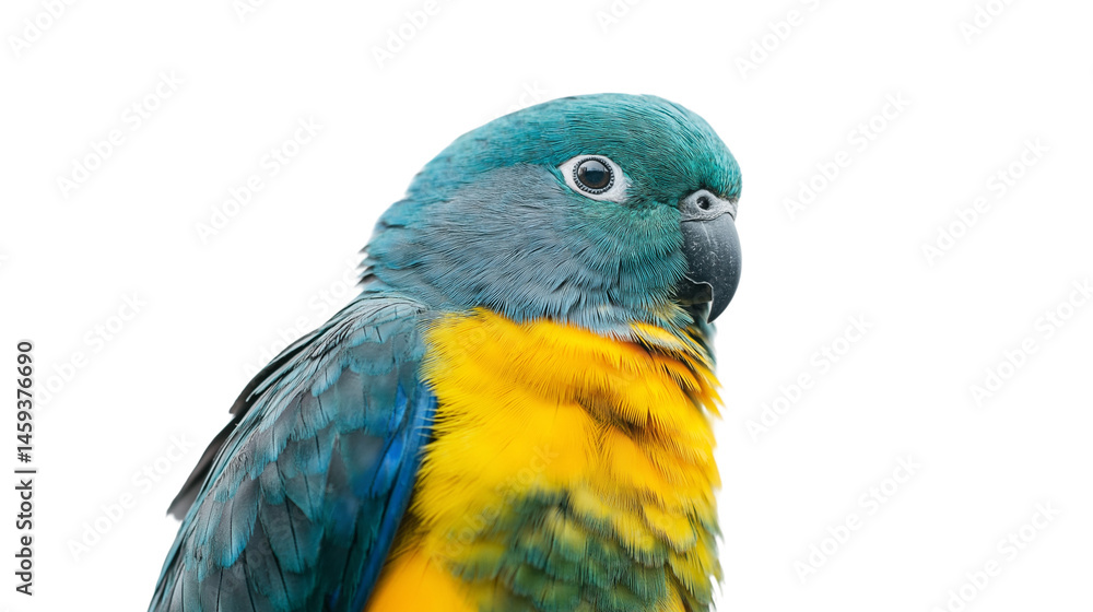 Naklejka premium Small parrot with vivid feathers perched sideways, white background