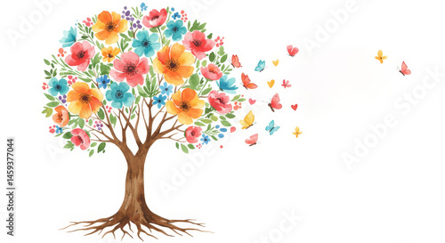 Blooming Tree of Life with Butterflies - Watercolor painting of a colorful flowering tree, symbolizing growth, nature, beauty, spring, and new beginnings