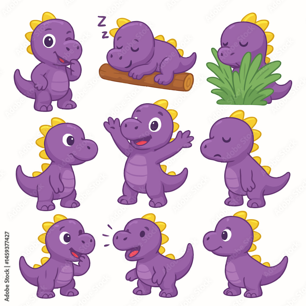 Naklejka premium Cartoon Dinosaur Collection with Different Poses and Emotions Seamless Pattern