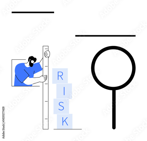 Person measuring stacked blocks labeled RISK using a ruler, alongside a large magnifying glass. Ideal for analysis, strategy, risk management, decision-making, growth, safety assessment, simple