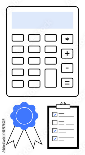 Calculator with numeric keypad, award ribbon, and checklist on clipboard. Ideal for finance, certification, assessment, education, organization, goal tracking accounting simple landing page