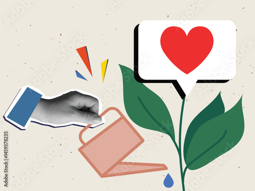 A hand waters a growing like tree from a watering can. Modern collage style. Vector illustration