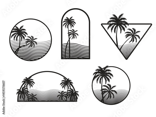 Collection of a retro badges with silhouettes of palm trees and waves. Vector illustration isolated on white background