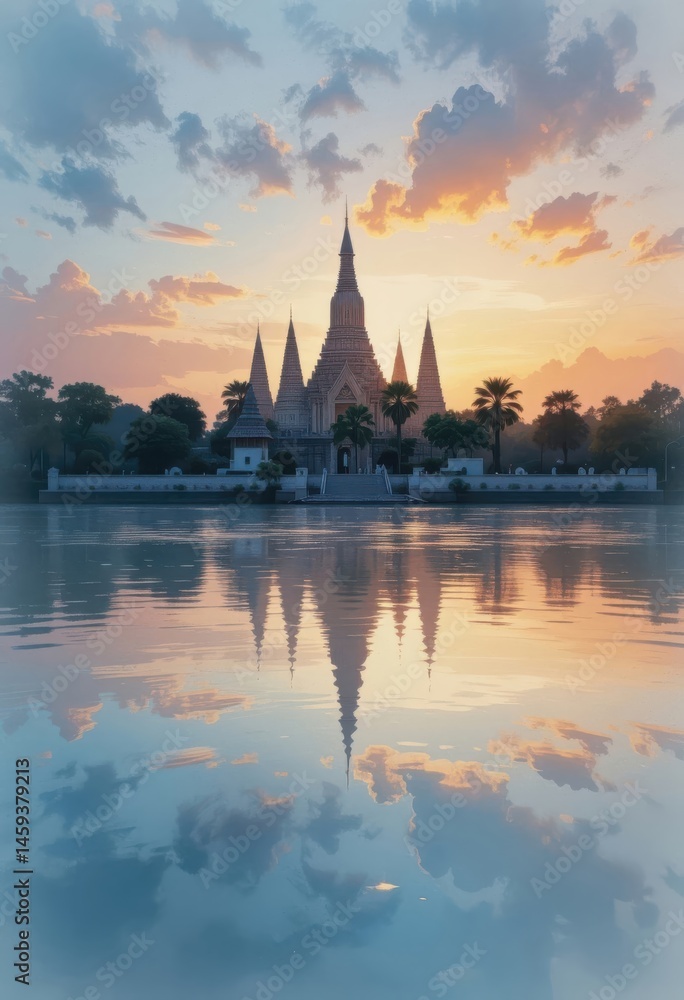 Fototapeta premium Serene Sunset Reflection at Wat Yai Chaimongkol, Ayutthaya