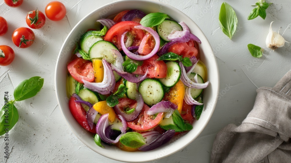 Colorful vegetable salad in a white bowl, fresh and vibrant ingredients. A healthy and delicious meal choice.
Colorful vegetable salad in a white bowl, fresh and vibrant ingredients. A healthy and delicious meal choice.