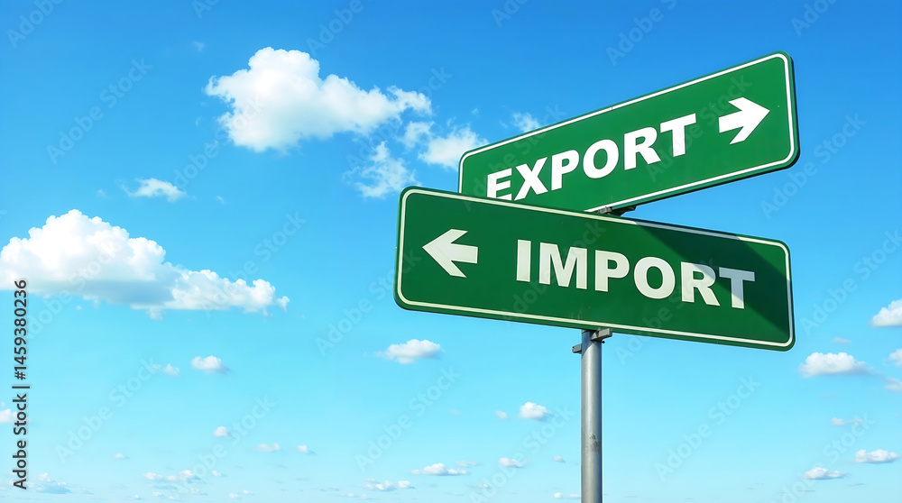Fototapeta premium Green directional road signs showing Export and Import pointing in opposite directions against blue sky with clouds, symbolizing international trade and commerce
