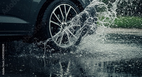 Car Driving Through a Puddle - Close-up view of a car tire splashing water while driving through a puddle on a rainy day