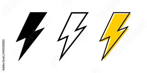 Set of bolt icons. Lightning pictograms. Thunderbolt signs isolated on white background. Blitz, flash light, energy, power or battery charge symbols. Danger or warning marks. Vector illustration.