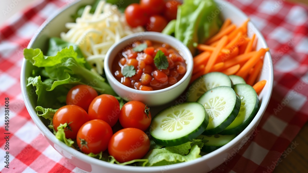 Fresh salad bowl featuring cherry tomatoes, sliced cucumbers, lettuce, carrots, and cheese, centered around a bowl of cherry tomato salsa on a red checkered
Fresh salad bowl featuring cherry tomatoes, sliced cucumbers, lettuce, carrots, and cheese, centered around a bowl of cherry tomato salsa on a red checkered