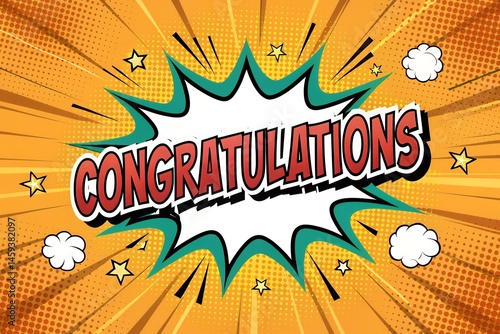 Congratulations comic book style graphic with stars and burst background