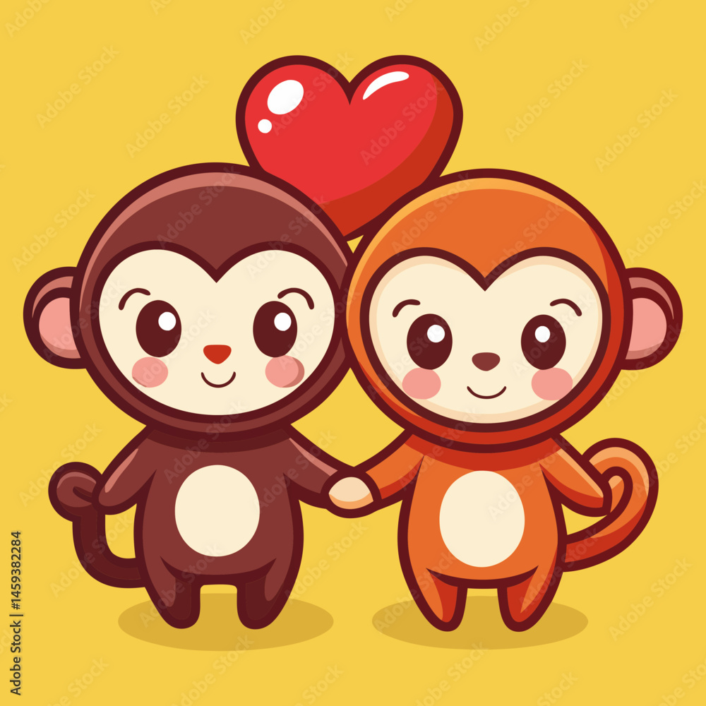 Fototapeta premium Download Cute Monkey Couple With Love Heart Cartoon Vector Eps File For Design.
