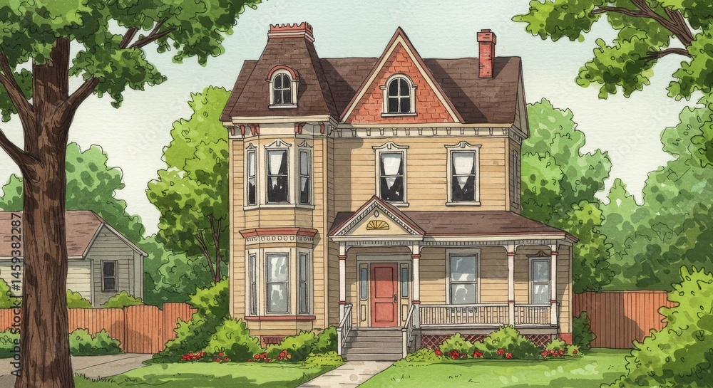 Charming Victorian House Exterior - A picturesque Victorian- house on a tree-lined street, perfect for real estate or home design projects Charming Victorian House Exterior - A picturesque Victorian- house on a tree-lined street, perfect for real estate or home design projects