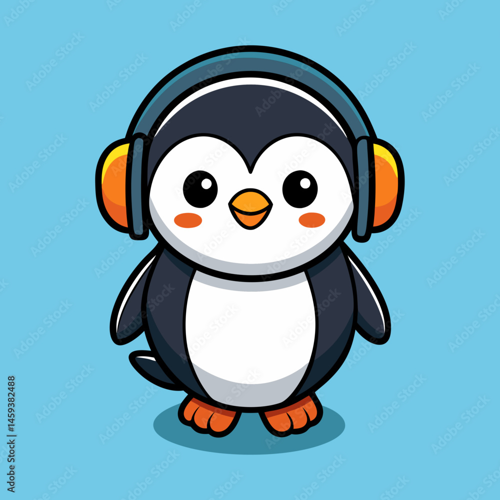 Naklejka premium Download Cute Penguin Listening Music With Headphone Cartoon Vector Icon Illustration. Eps File For Design.