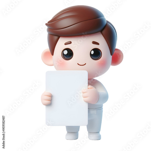 Cute white man 3d holding blank card isolated on white background