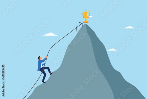 Vector illustration of businessman is trying to climb to the top of a mountain to succeed