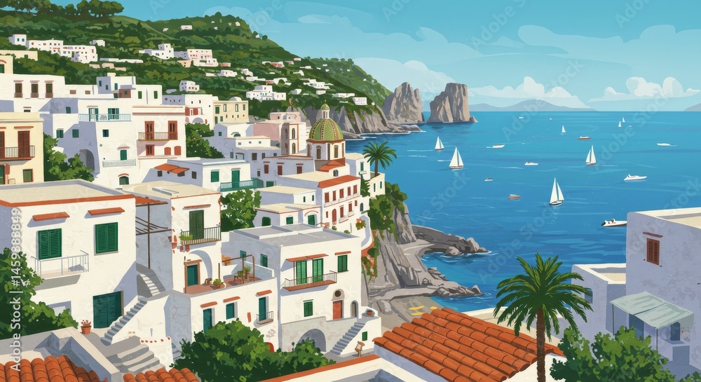 Obraz premium Coastal Italian Village Seascape - Picturesque coastal village with white buildings, terracotta roofs, and sailboats on a vibrant blue sea. Sunny, idyllic Mediterranean scene
