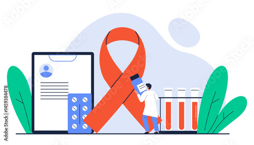 World AIDS day awareness concept. HIV diseases. Red Ribbon and medical equipment. Cancer prevention and treatment. Isolated vector illustration in cartoon style
