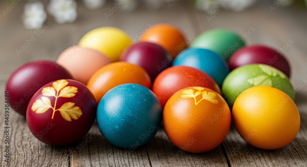 Colorful Easter Eggs on Wooden Surface - A collection of vibrantly colored Easter eggs, some decorated with leaf patterns, rest on a rustic wooden table Colorful Easter Eggs on Wooden Surface - A collection of vibrantly colored Easter eggs, some decorated with leaf patterns, rest on a rustic wooden table