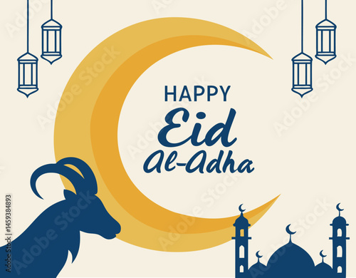 Eid al Adha crescent moon with ram silhouette and mosque skyline