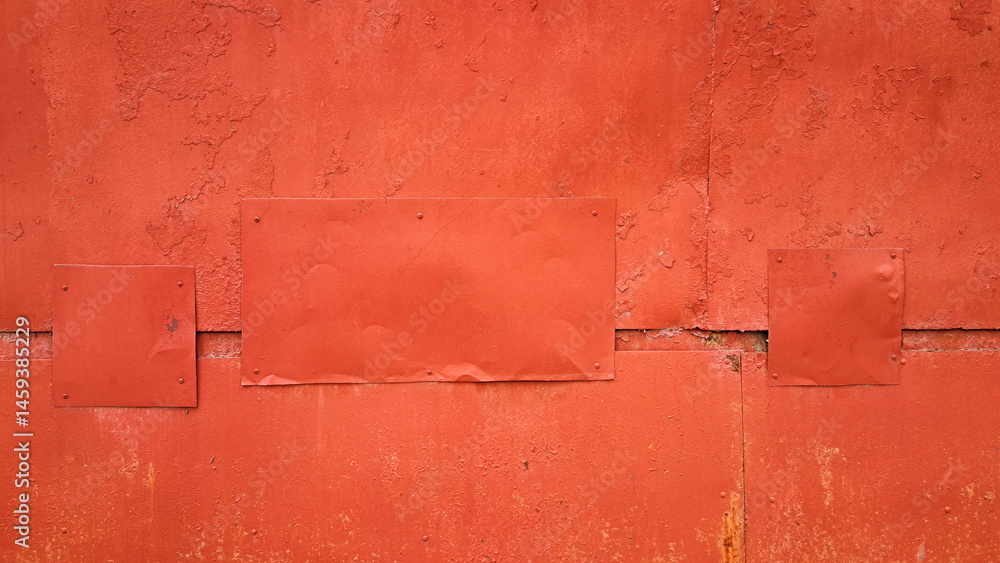Rusty metal wall with red peeling paint and patch panels
