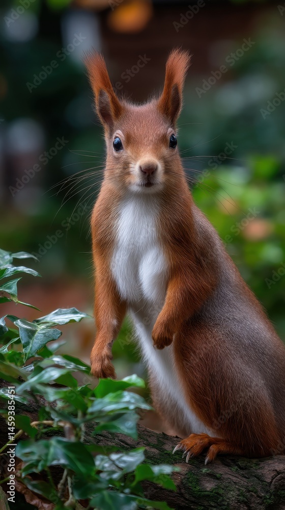 Fototapeta premium Curious Squirrel Standing Upright in Forest Environment Looking Directly at Camera