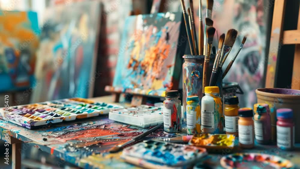 Close-up of artist's workstation with paintbrushes, paint bottles, watercolor palette and colorful abstract canvases in blurred background, showcasing creative workspace. Close-up of artist's workstation with paintbrushes, paint bottles, watercolor palette and colorful abstract canvases in blurred background, showcasing creative workspace.