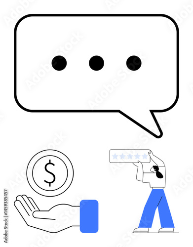 Speech bubble, open hand holding coin, person holding five-star feedback. Ideal for customer service, online payment, feedback, communication, e-commerce, rating systems simple landing page