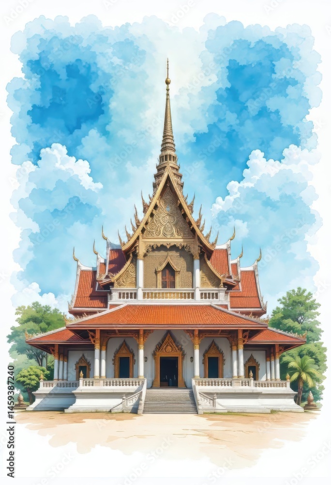 Naklejka premium Majestic Thai Temple Watercolor Painting Architectural Splendor
