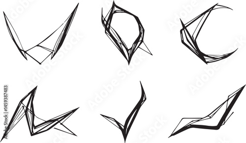 A set of vector elements, modern flat design with intricate black lines and futuristic aesthetics of sharp angles and smooth curves, simple two-dimensional shapes, soft dreamy atmosphere and high tech