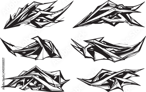 A set of vector elements, modern flat design with intricate black lines and futuristic aesthetics of sharp angles and smooth curves, simple two-dimensional shapes, soft dreamy atmosphere and high tech