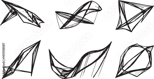 A set of vector elements, modern flat design with intricate black lines and futuristic aesthetics of sharp angles and smooth curves, simple two-dimensional shapes, soft dreamy atmosphere and high tech