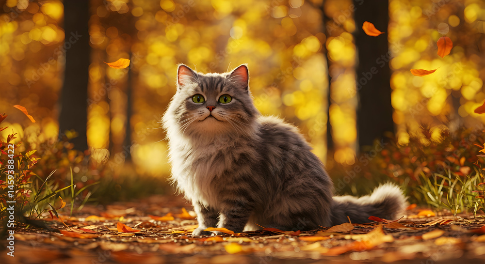 Adorable fluffy cat sitting in autumn forest surrounded by leaves Adorable fluffy cat sitting in autumn forest surrounded by leaves