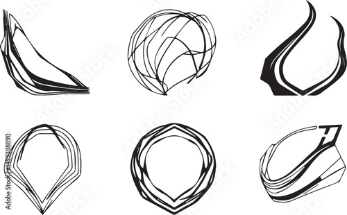 A set of vector elements, modern flat design with intricate black lines and futuristic aesthetics of sharp angles and smooth curves, simple two-dimensional shapes, soft dreamy atmosphere and high tech