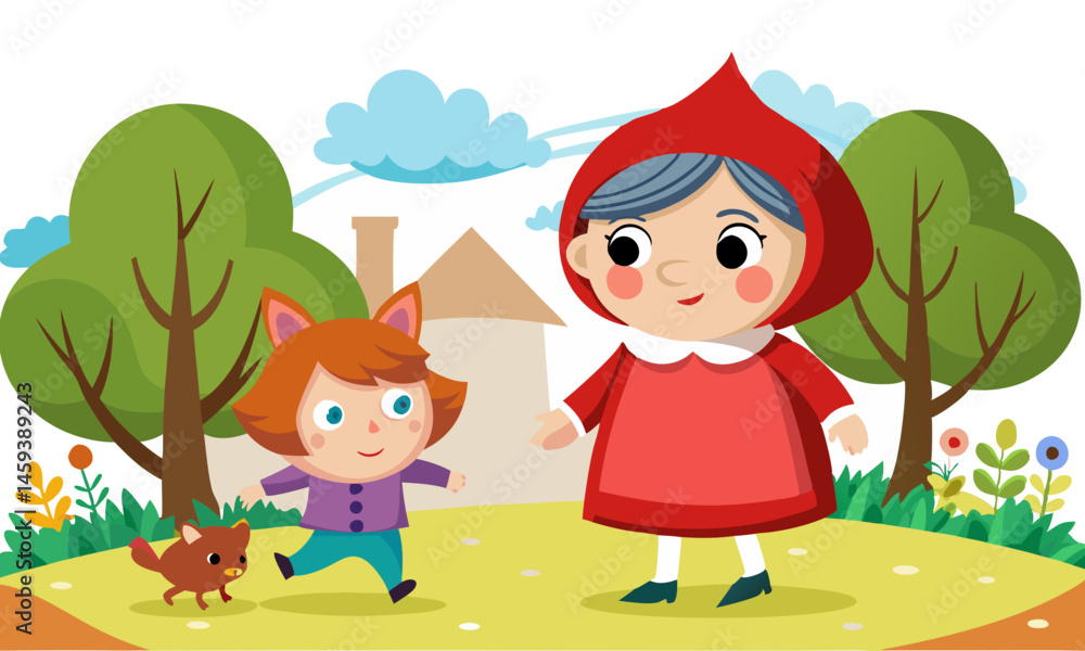 Naklejka premium Download Little Red Riding Hood Is Walking To Grandmother Vector Art Illustration Eps File For Design.